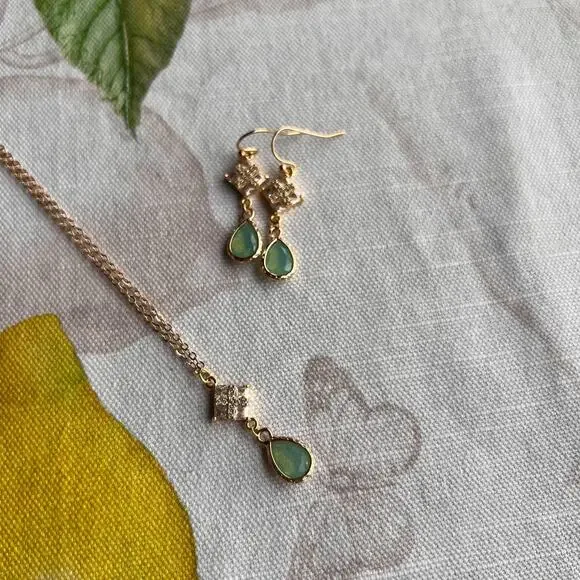 Chalcedony Opal Mint Sea Green Diamond Square Drop Art Deco Romantic Jewelry Set - Picture 5 of 6